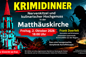 Plakat zum Krimidinner am 2. Oktober 2026 in der Matthäuskirche zu Bockwa