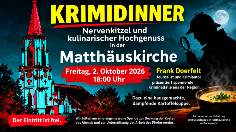 Plakat zum Krimidinner am 2. Oktober 2026 in der Matthäuskirche zu Bockwa